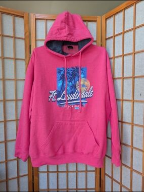 Hot Pink Fort Lauderdale Florida Hoodie - Palm Tree Sunset Pullover - Unisex XL